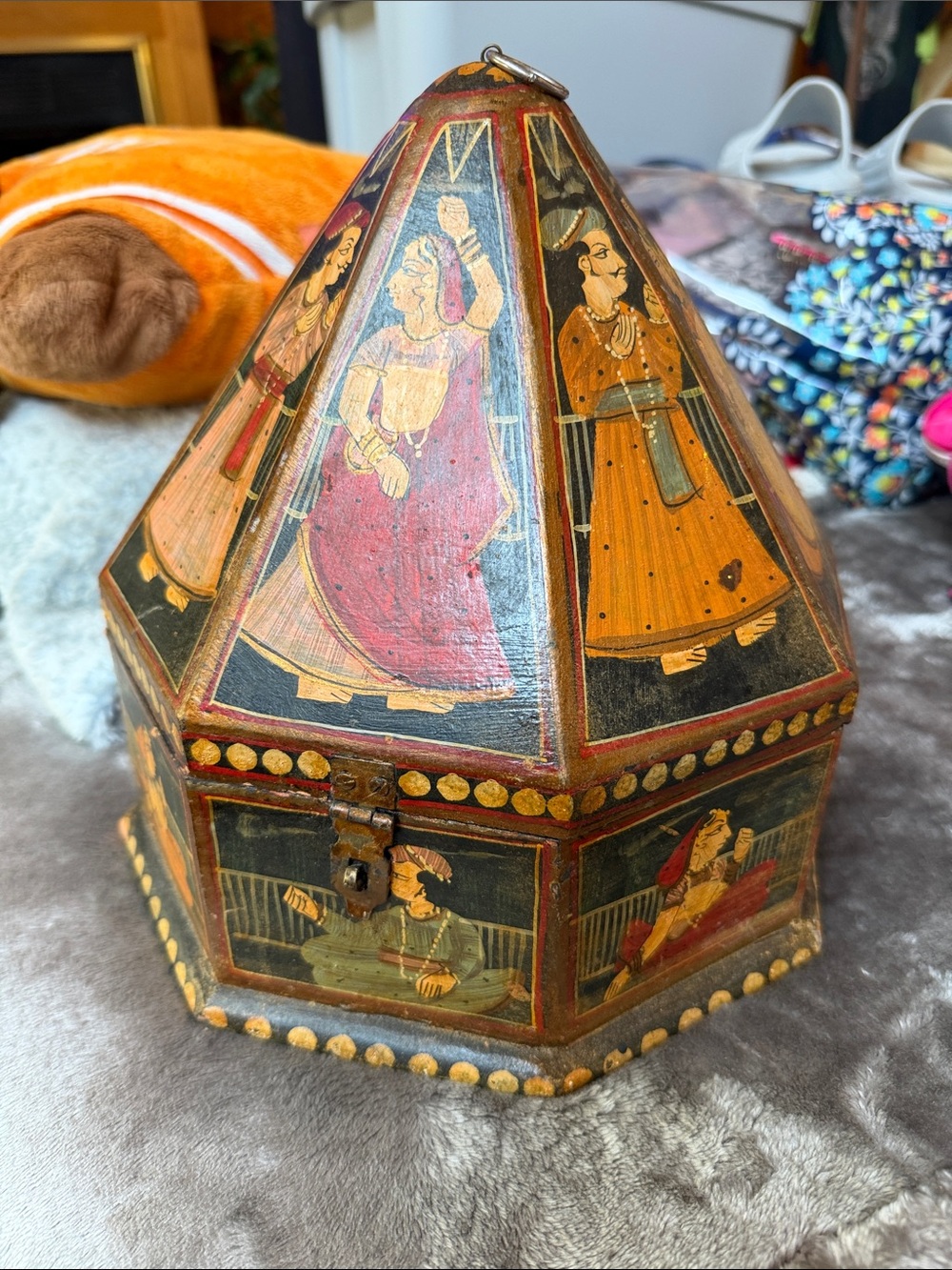 Hand-Painted Octagonal Keepsake Box in Red and Orange
